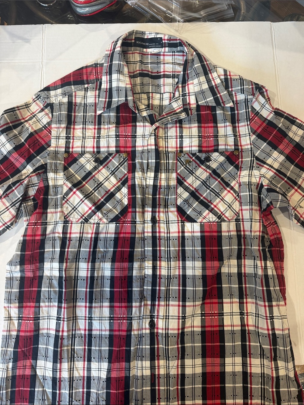 Rocawear Men’s Red, Black & White Plaid Button-Down Shirt